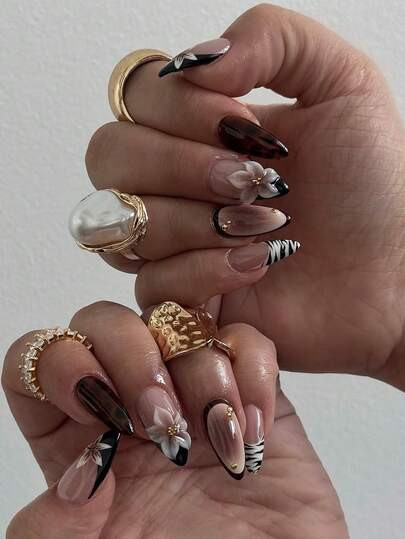 Minimalist High-End Vintage Brown-Black Color Block Nail Art | 3D Embossed Floral + Zebra Print C... | SHEIN