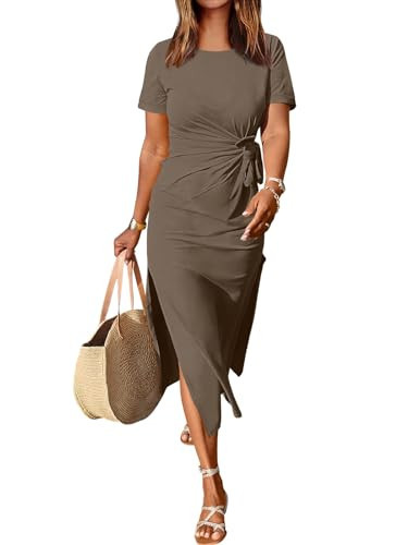 ANRABESS Women's 2026 Summer Maxi Tshirt Dress Short Sleeve Crewneck Tie Waist Casual Slim Fit Slit Spring Long Beach Dresses Brown Small | Amazon (US)