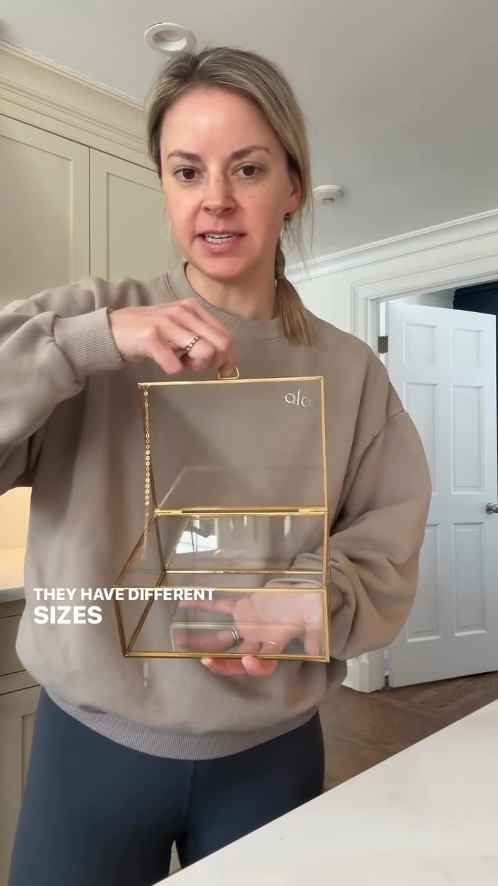 Ordered this glass box to store a few of Hadley’s things 🤍🐾 this is the medium 
-small pullover & leggings 