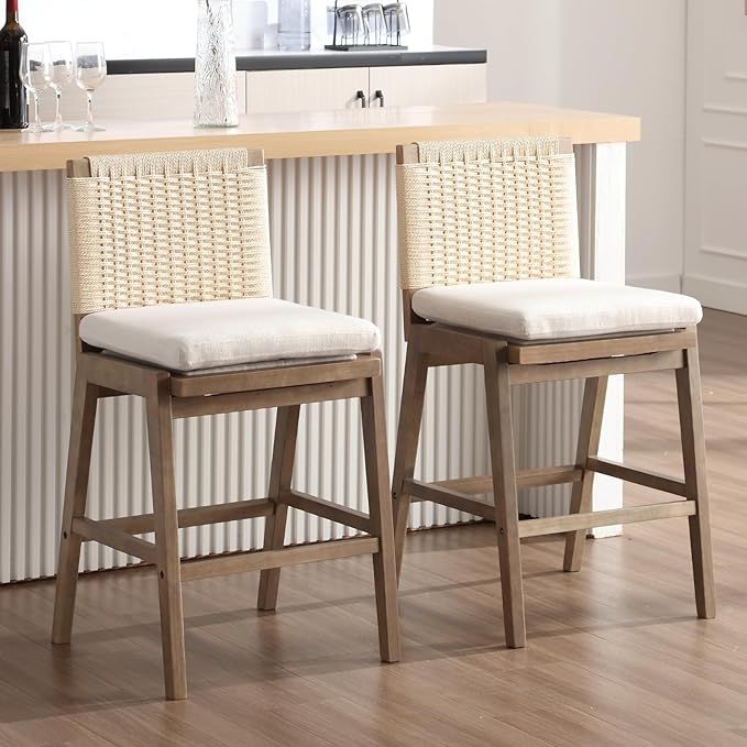 LukeAlon Woven Linen Counter Stools Set of 2, 27.25" Seat Height Low Bar Stools with Solid Wood L... | Amazon (US)