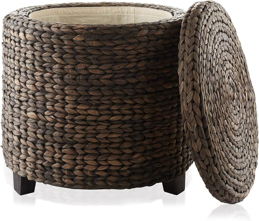 Casafield 17" Round Storage Ottoman with Lid - Espresso, Handwoven Water Hyacinth Footstool for L... | Amazon (US)