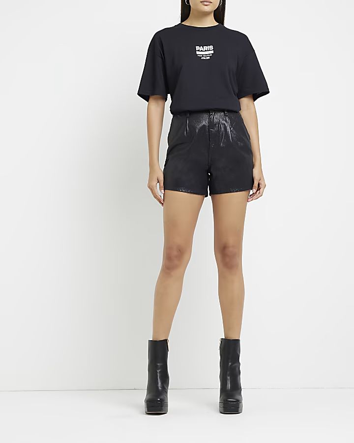 Black high waist coated shorts | River Island (UK & IE)