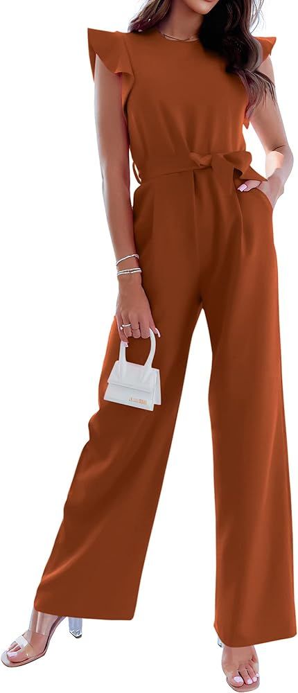 Women Jumpsuits Crew Neck Ruffle Cap Sleeve Belted High Waist Wide Leg Romper with Pockets One Pi... | Amazon (US)
