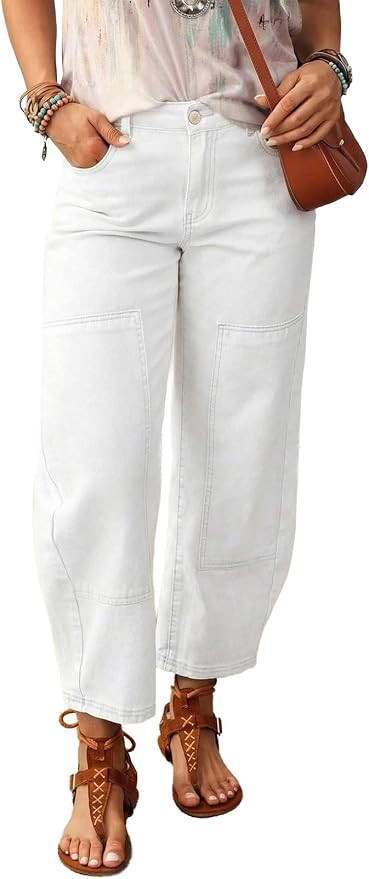 SHEWIN Women's Washed High Rise Barrel Jeans Elastic Waist Cropped Tapered Balloon Denim Ankle Pa... | Amazon (US)