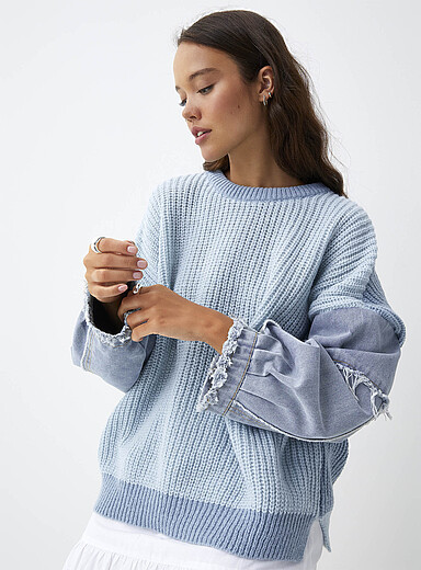 Denim sleeves two-tone knit sweater
        
        

		
        

        
    
        
    
	... | Simons