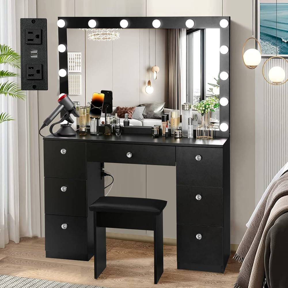 SMOOL Vanity with Lighted Mirror, Makeup Vanity Desk with Power Outlet and LED Bulbs, 3 Color Lig... | Amazon (US)