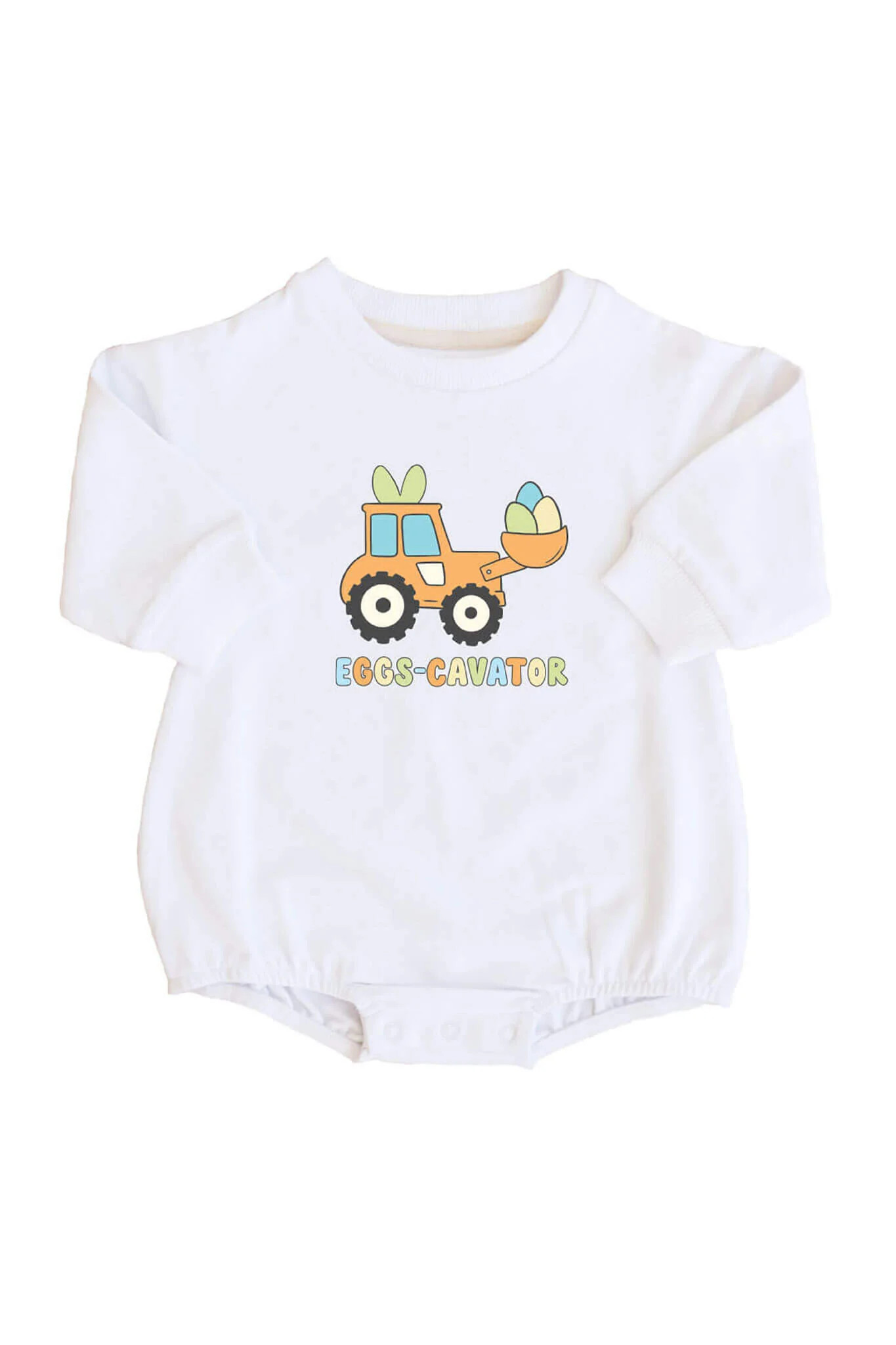 Eggs-cavator Sweatshirt Bubble Romper | White | Caden Lane