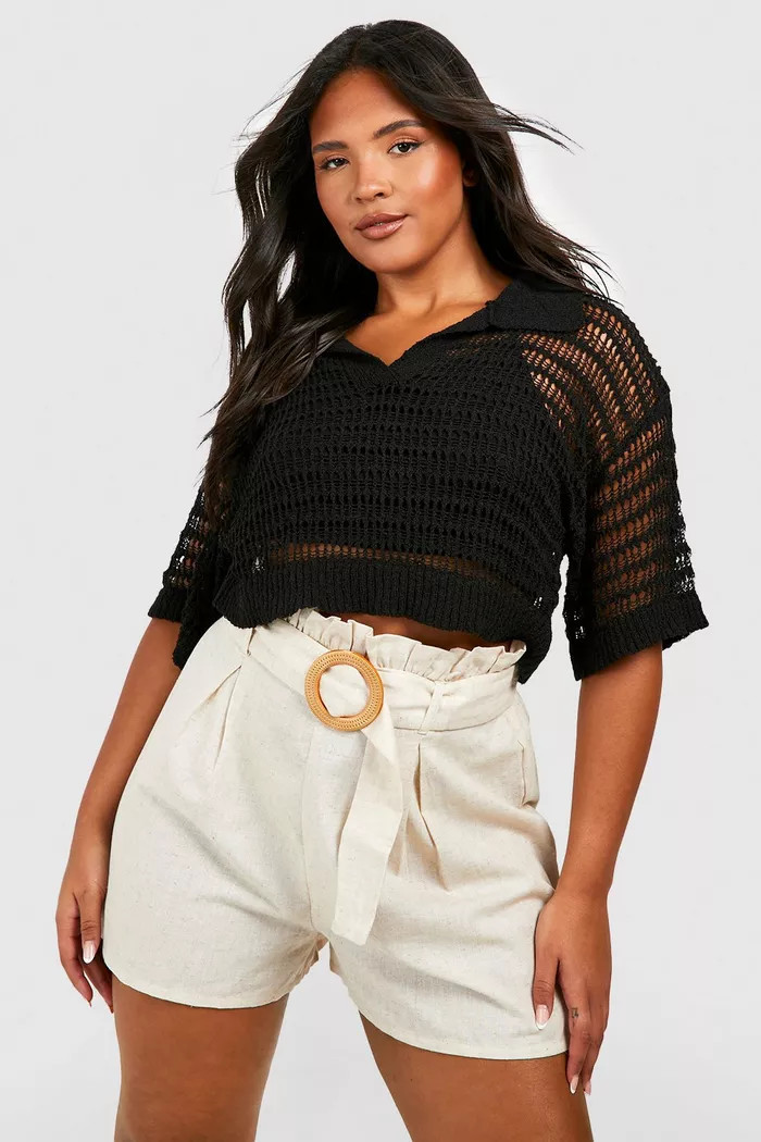Plus Linen Raffia Buckle Paper Bag Short | Boohoo.com (US & CA)