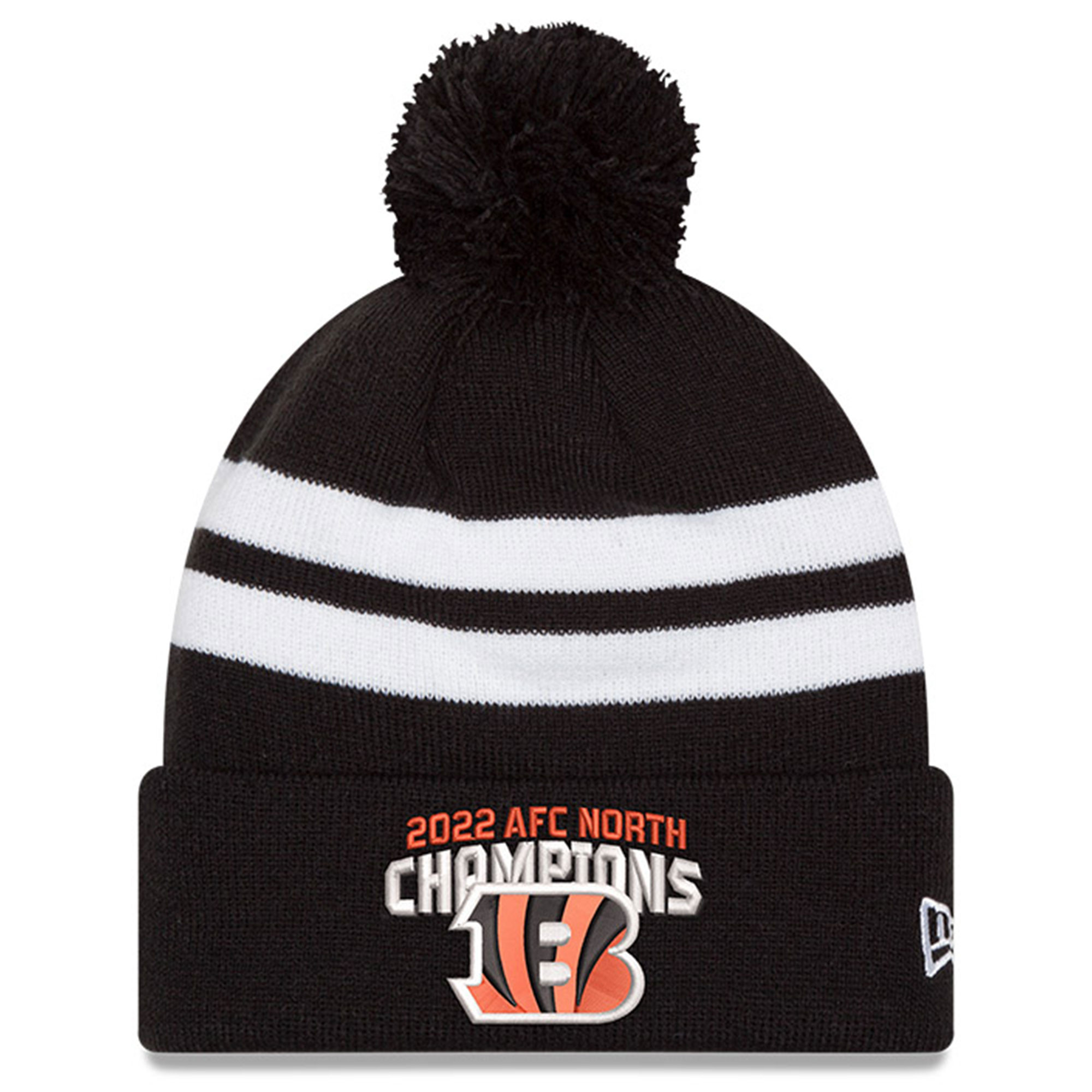 Men's New Era Black Cincinnati Bengals 2022 AFC North Division Champions Top Stripe Pom Knit Hat | Fanatics