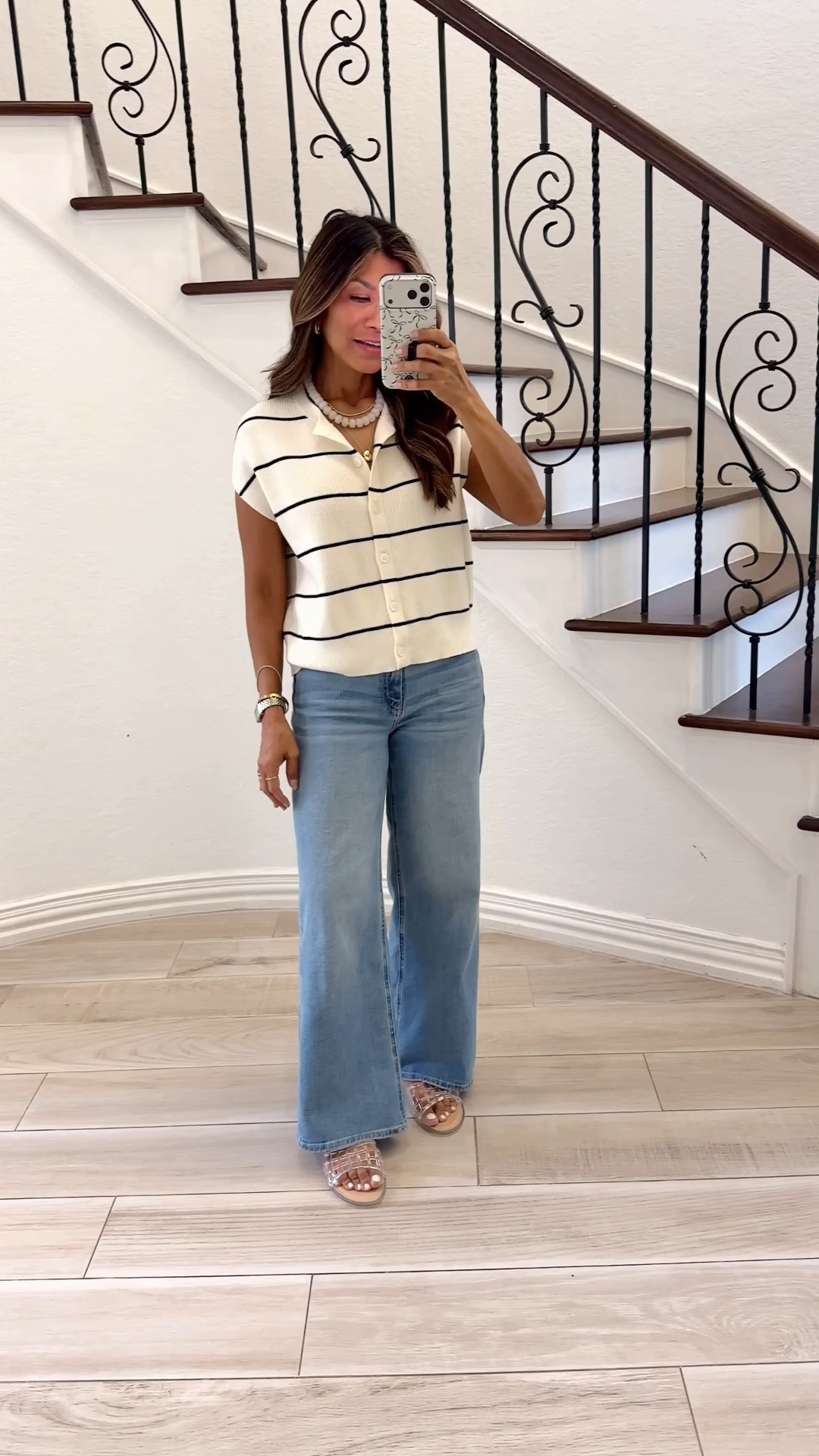 I’m 5’2” 118#ish for reference 
Top in XS.
Jeans in size 26 tts. Length is 28-come in length options. Frosted Blue.
Sandals zie down.
Summer outfit

#LTKSeasonal #LTKOver40 #LTKPetite