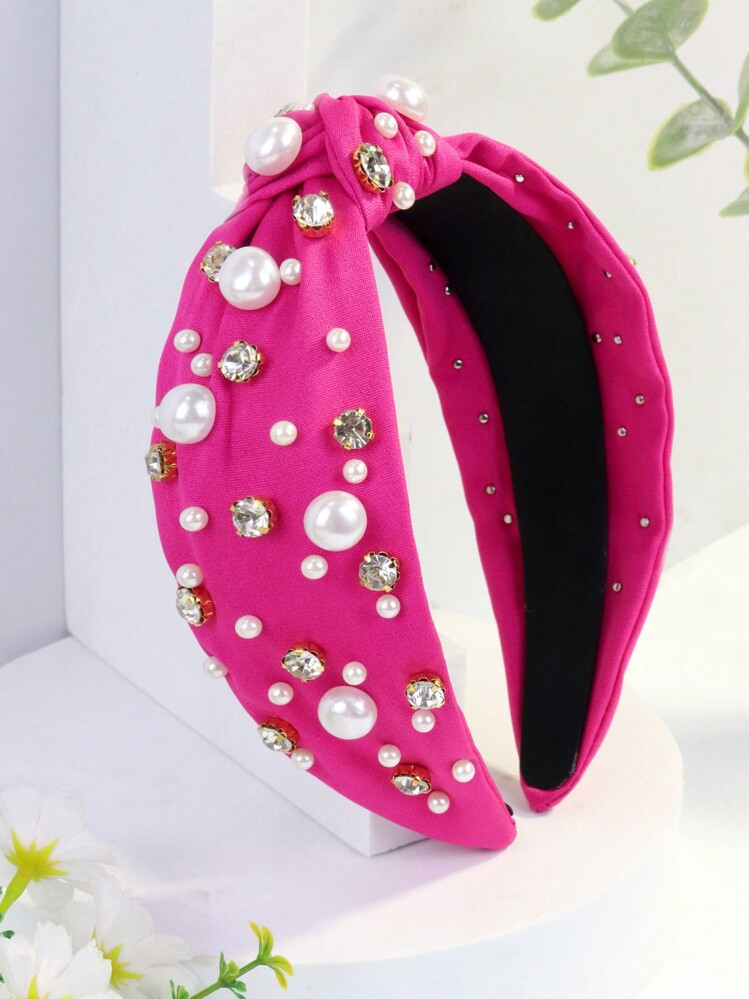 Royal 1pc Women Wide Edge Pearl Fabric Fashion Rhinestone Headband Retro Solid Color Vintage Hair... | SHEIN