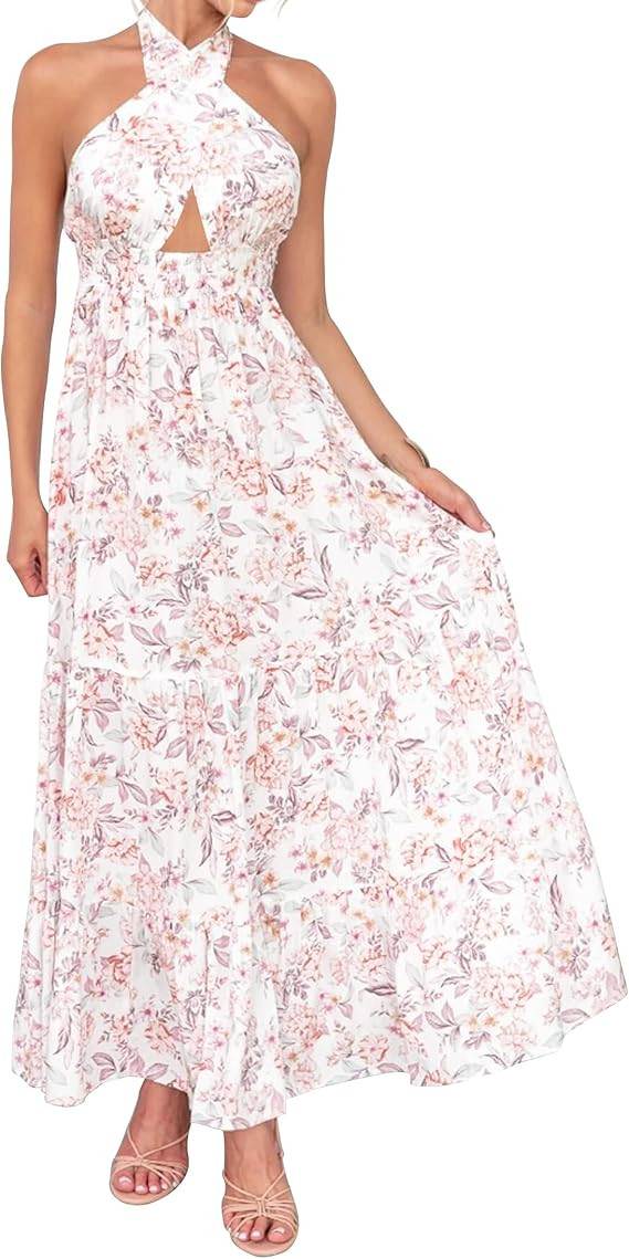 ZESICA Women's 2023 Summer Crossover Halter Neck Sleeveless Plaid Cut Out Backless Flowy A Line M... | Amazon (US)