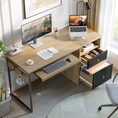 Bestier 55 Inch Office Desk with Drawers, Keyboard Tray, 2 Hooks, Modern Fluted Computer Desk for Home, Natural Oak | Target