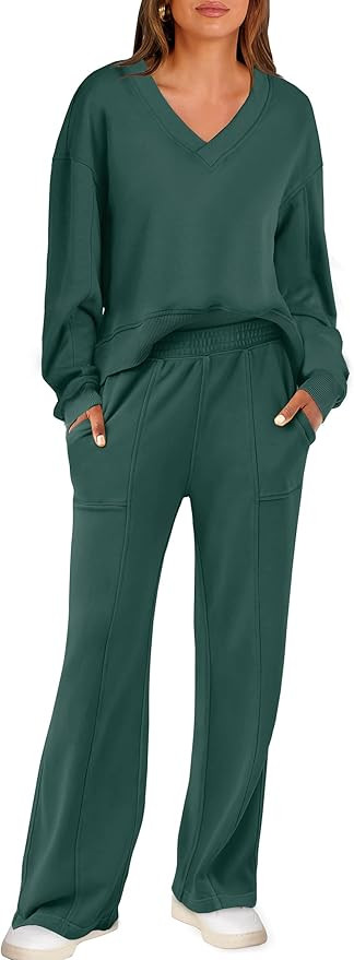 ANRABESS Women 2 Piece Outfits V Neck Sweatshirts Wide Leg Jogger Sweatpants Lounge Sets 2024 Fal... | Amazon (US)