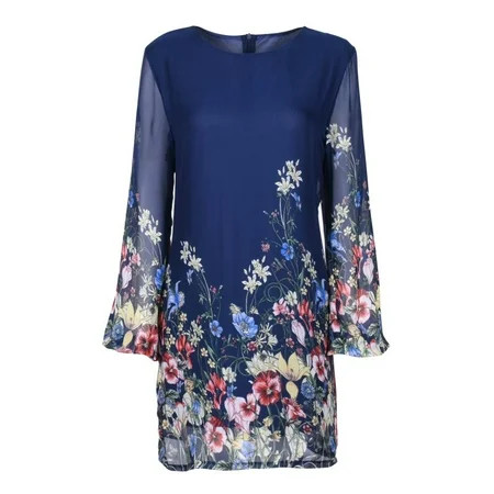 Women Floral Print Sundress Long Sleeve Chiffon Casual Loose Round Neck Dresses | Walmart (US)