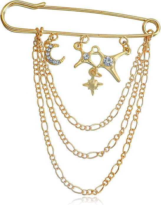 Punk Gold Silver Star Moon Tassel Chain Brooch,Vintage Crystal Moon Star Brooch Collar Pins Cubic... | Amazon (US)