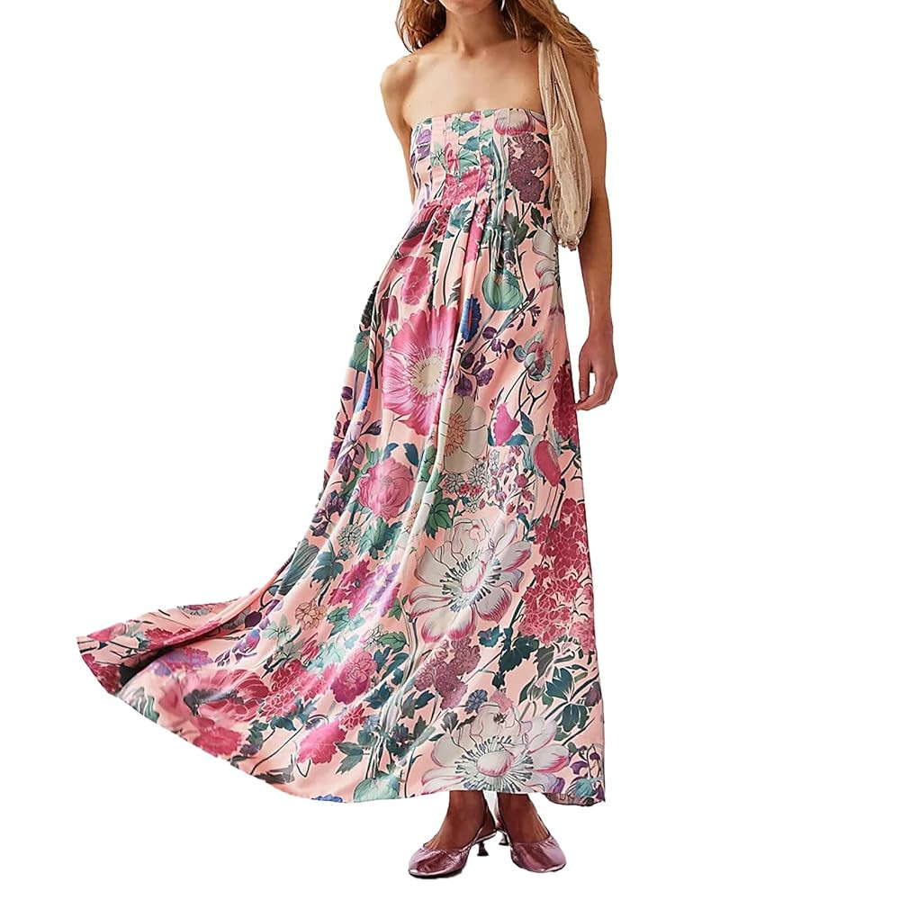 Women Boho Floral Maxi Dress Backless Spaghetti Strap A-Line Flowy Summer Vacation Long Dress | Amazon (US)