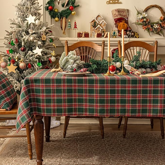 Softalker Christmas Checkered Tablecloth Rectangle - Green Buffalo Plaid Linen Cotton Gingham Xma... | Amazon (US)