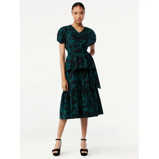 Scoop Women's Midi Dress with Ruched Sleeves - Walmart.com | Walmart (US)