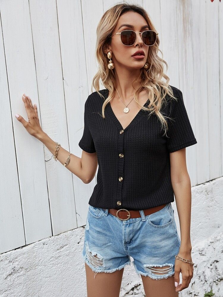 Button Front Waffle Knit Tee | SHEIN