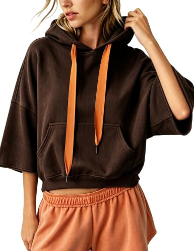 Megfie Womens Cropped Three Quarter Sleeve Hoodie Cotton Washed Sweatshirts | Amazon (US)