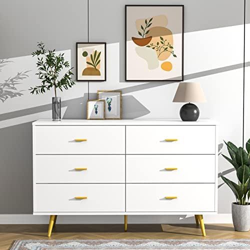 LYNSOM White Dresser for Bedroom, Modern 6 Drawer Dresser with Gold Handles, Wood Chest of Drawer... | Amazon (US)