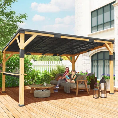 10' x 14' Wooden Gazebo, Hardtop Lean-to Gazebo Pergola with Galvanized Steel Sloped Roof, Bar Shelf, Large Heavy Duty Awning for Patio, Deck, Backyar | Wayfair North America