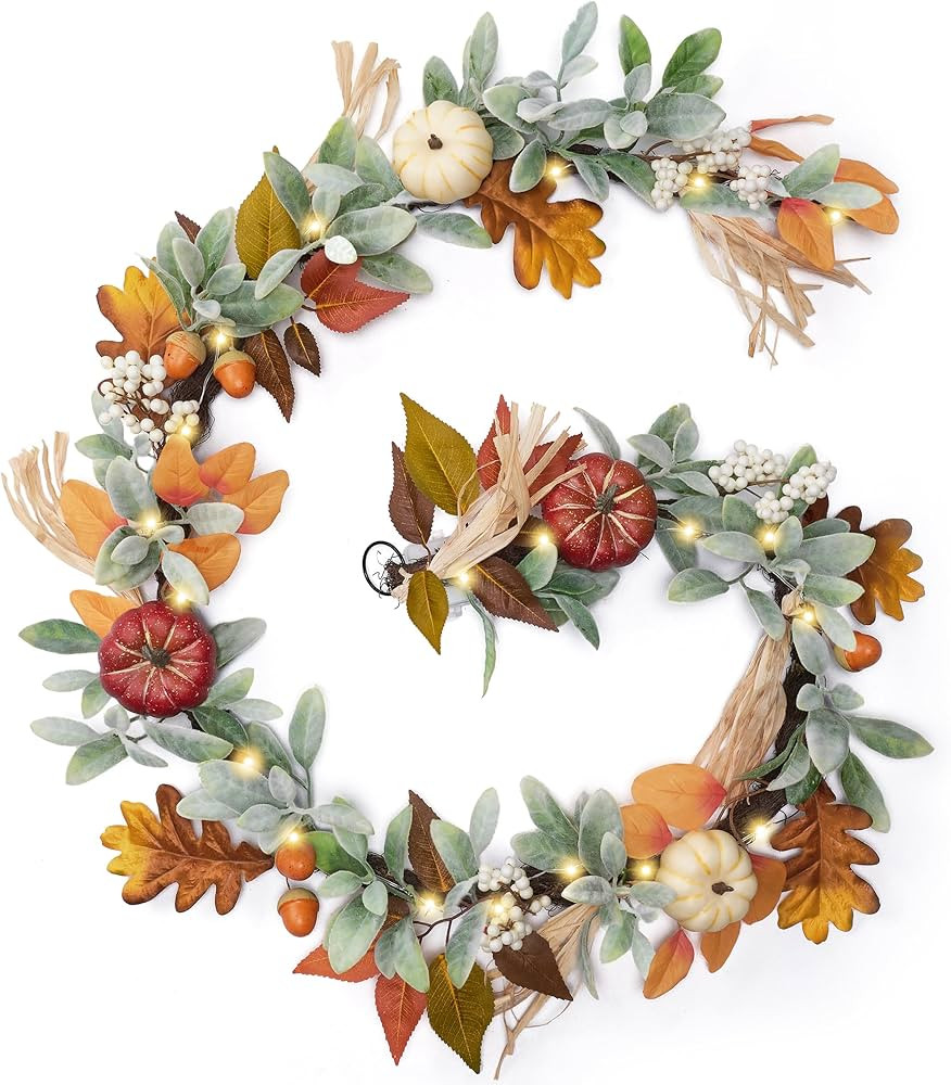 Valery Madelyn Fall Garland for Mantle, 6ft Lambs Ear Leaves Garland with Lights Brown Pumpkins T... | Amazon (US)