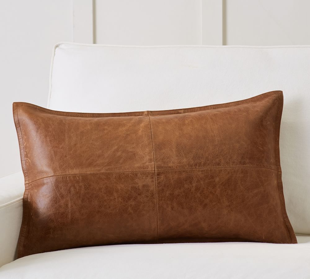Pieced Leather Lumbar Pillow Cover, 16x26", Whiskey | Pottery Barn (US)