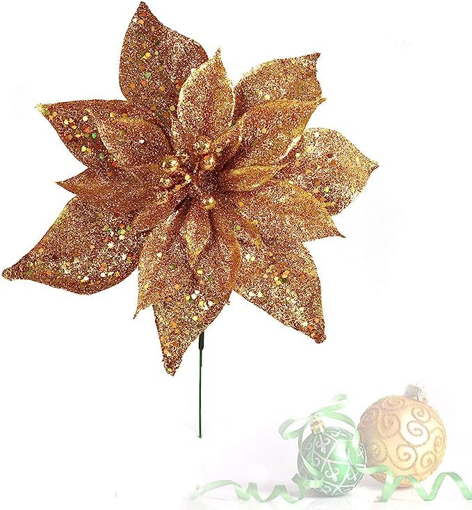 Gold Glitter Poinsettia Christmas Tree Picks Decorations (6 CT), 10" Picks, Artificial Gold Flowe... | Amazon (US)