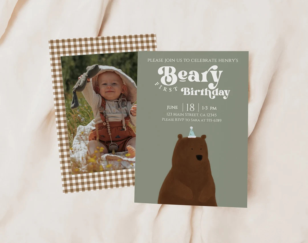 Beary First Birthday Invitation, Bear 1st Birthday Invite, Someone Beary Sweet, Bear Party Hat, W... | Etsy (US)