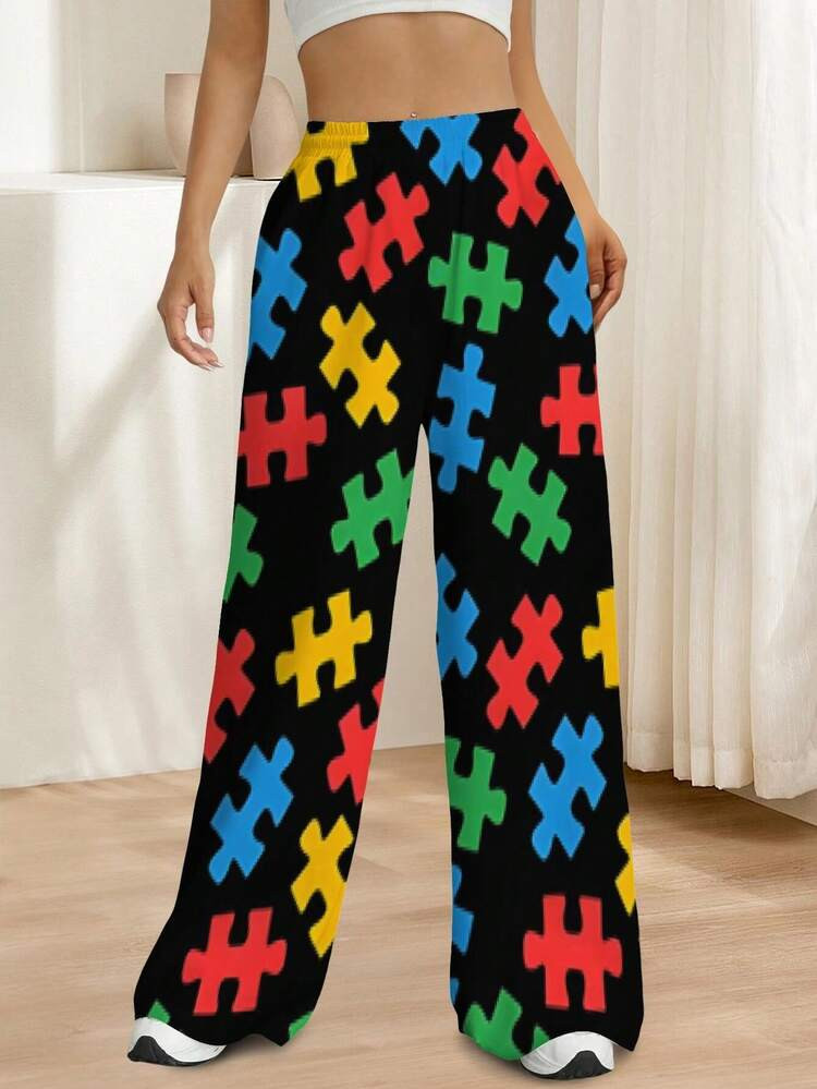 Women Summer Wide Leg Pants Colorful Puzzle Design Autism Awareness Trousers Fun Pattern Yoga Pants Sleeve Tee For Adults Unique Playful Casual Everyday Wear Vibrant Gift Idea | SHEIN