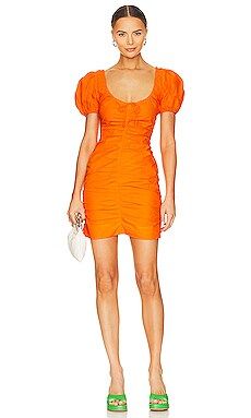Ganni Gathered U-neck Mini Dress in Vibrant Orange from Revolve.com | Revolve Clothing (Global)