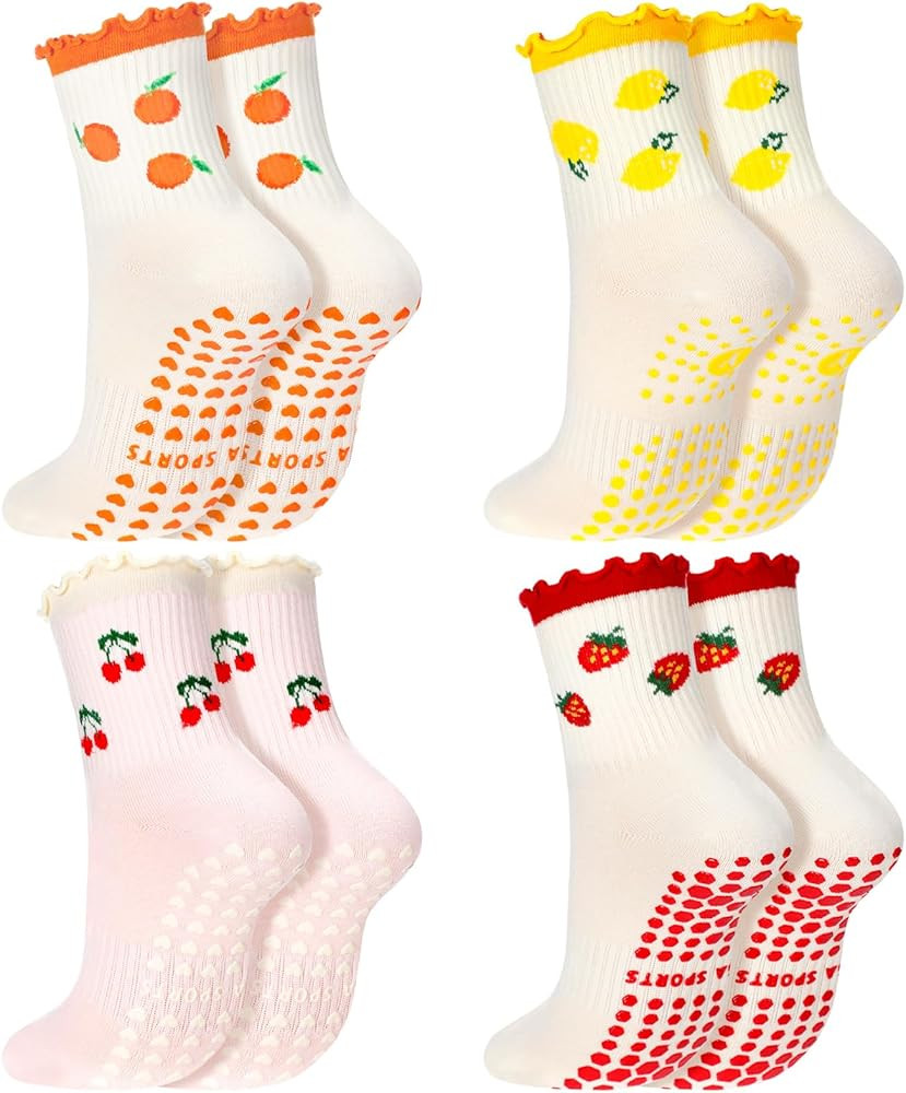 Jeyiour 4 Pairs Cute Pilates Grip Socks for Women Ruffle Cuff Cute Fruits Socks with Grips Non Sl... | Amazon (US)