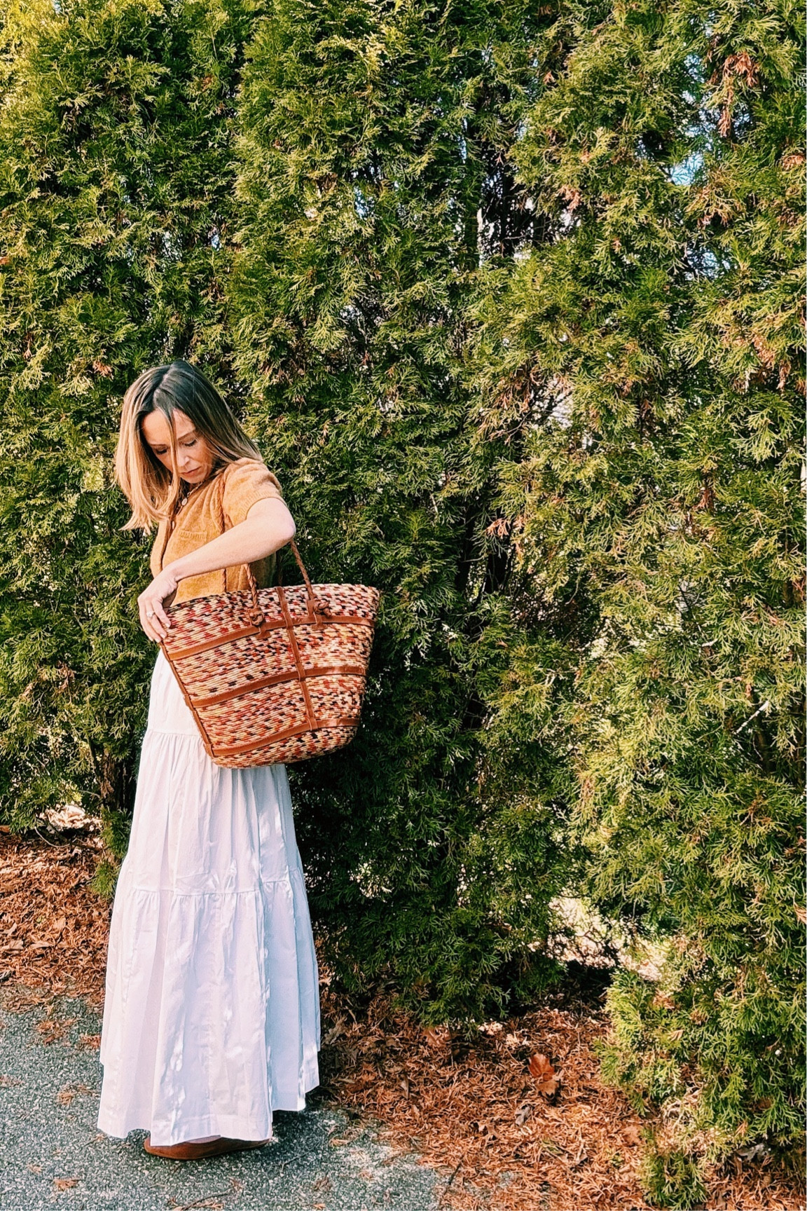 Weekend wear with Saks.  Love mixing and matching seasonal pieces as we move from winter to spring – a suede shoe with a straw bag, a poplin skirt with a warm knit.  #sakspartner #saks

#LTKstyletip #LTKSeasonal