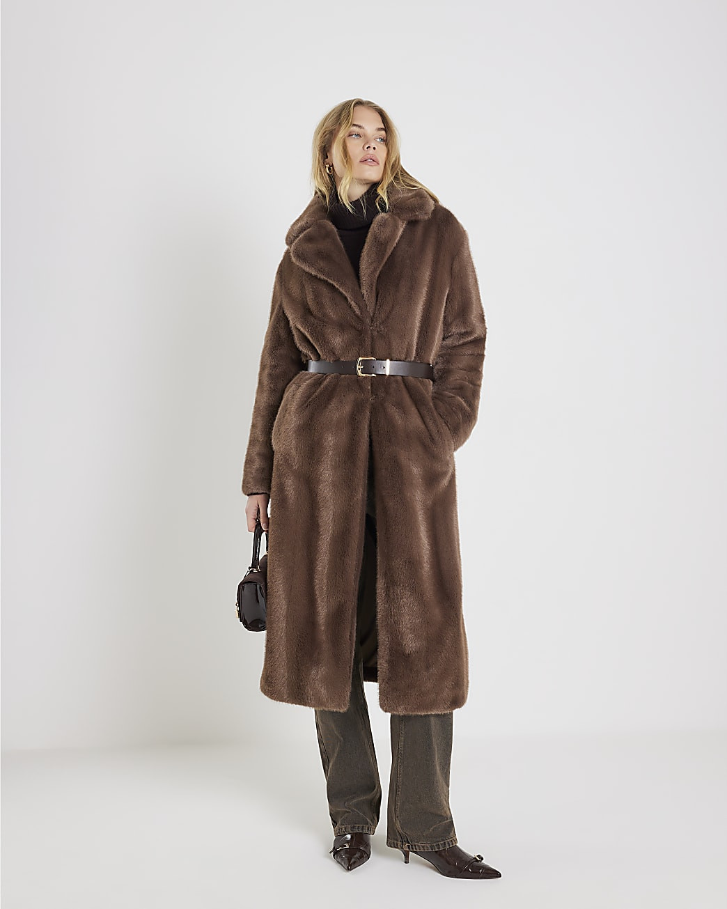 Brown Faux Fur Longline Belted Coat | River Island UK & IE