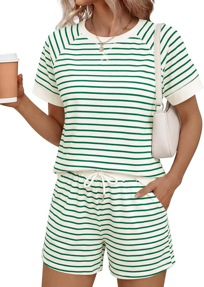 LOMON Women's 2 Piece Short Sets Summer Crew Neck Short Sleeve Matching Sets Outfits with Pockets | Amazon (US)