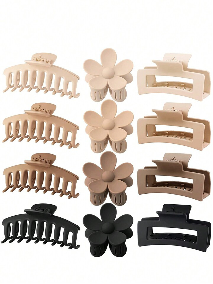 12pcs Women's Minimalist Style Plastic Hair Claw Clips With Flower, Square, And Dragon Claws Desi... | SHEIN