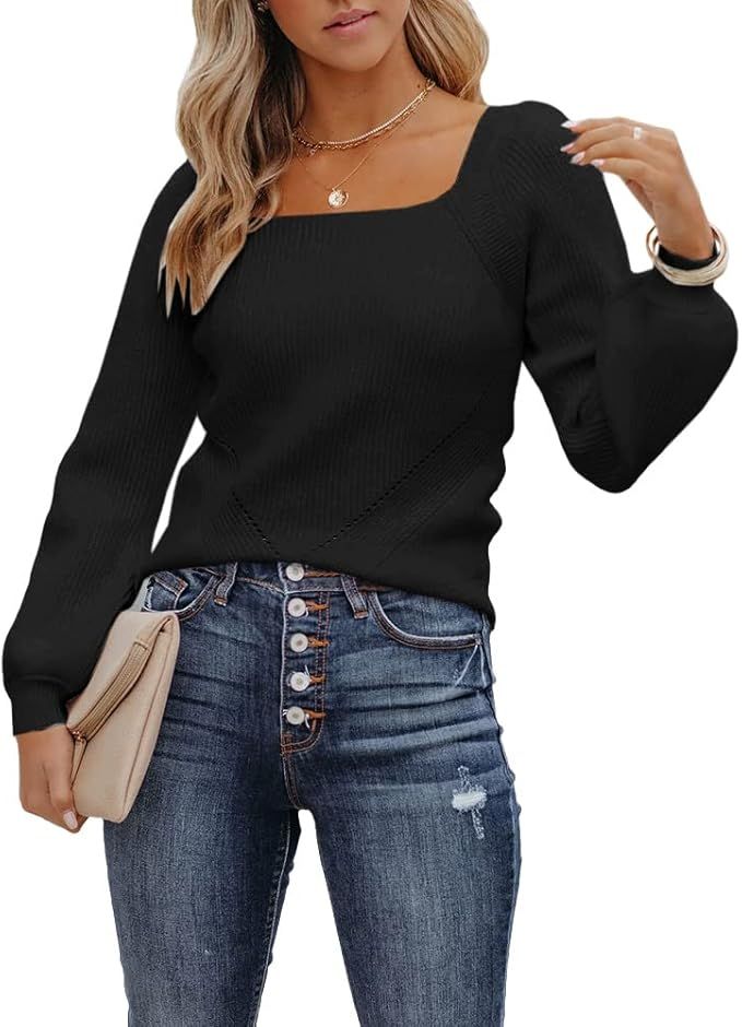 Sovelen Women's Casual Square Neck Ribbed Knit Sweaters Long Puff Sleeve Loose Fit Pullover Sweat... | Amazon (US)