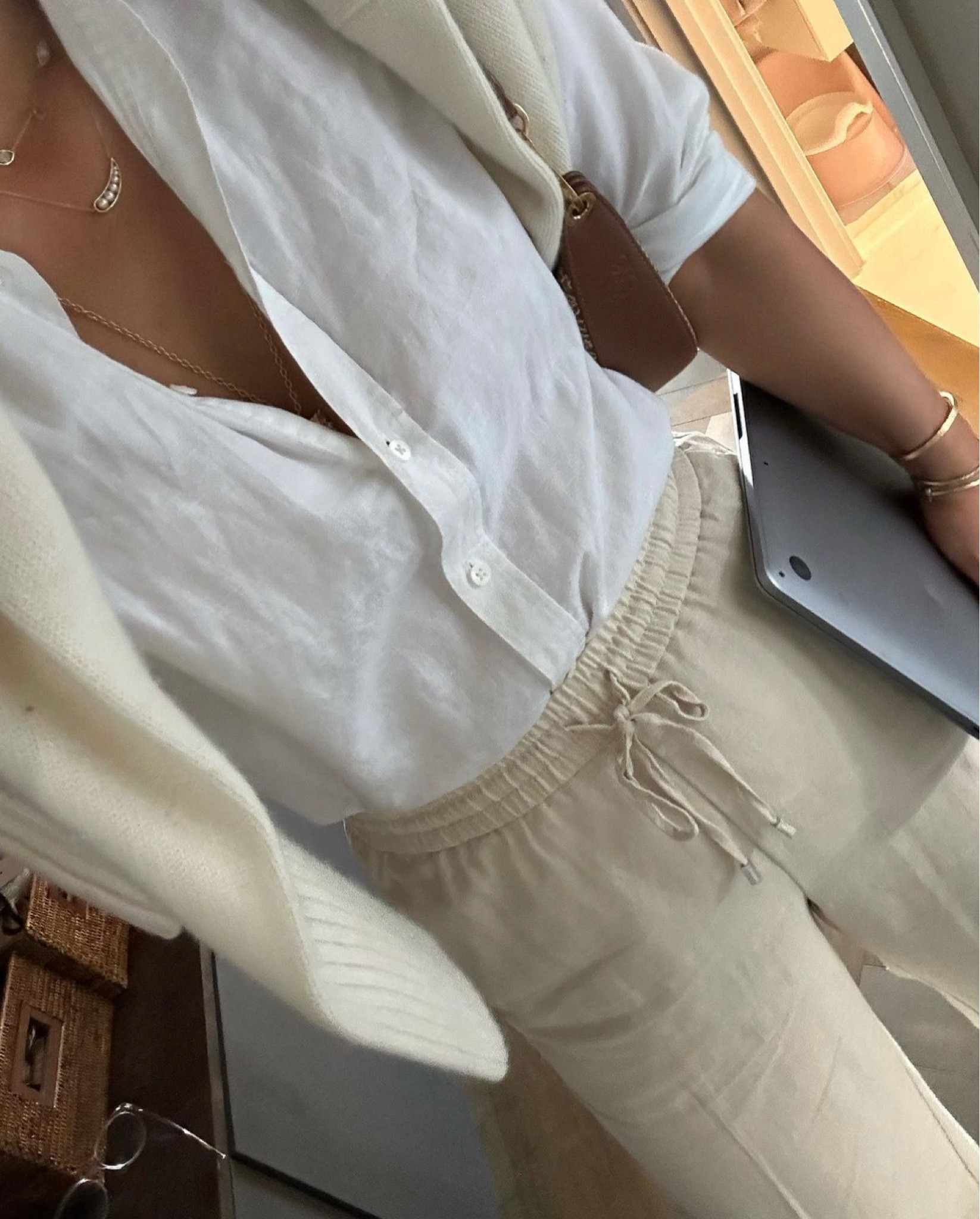 Linen shirt, linen trouser, wide leg pants, brown handbag, drawstring trousers, beige wide leg pants, pump, beige and black heeled pants, white shirt, cream sweater, cream knit wear, Loewe, cos, H&M, reiss 

#LTKstyletip #LTKSeasonal #LTKeurope