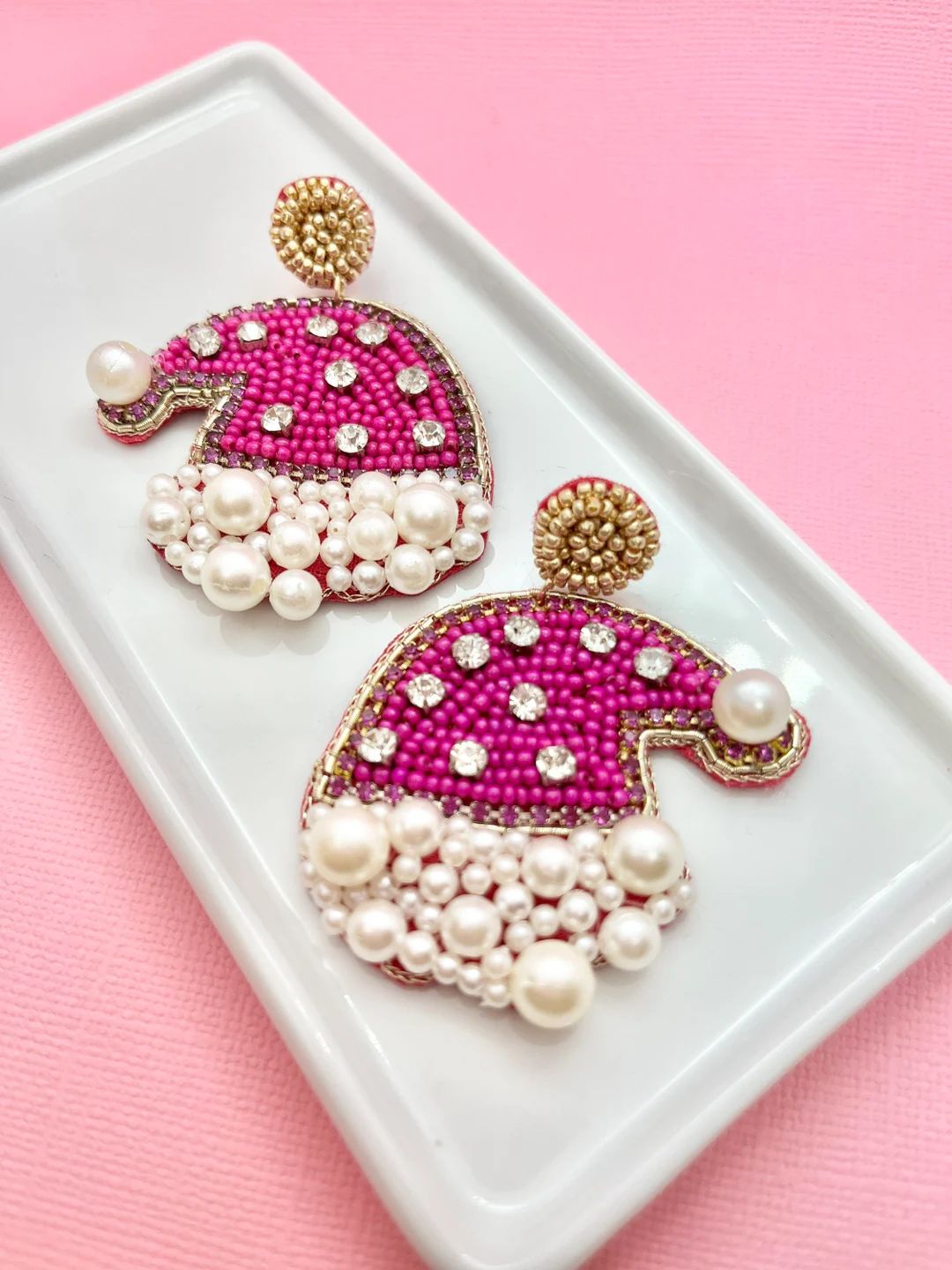 Pink Beaded and Pearl Santa Hat Earrings Christmas Earrings - Etsy | Etsy (US)