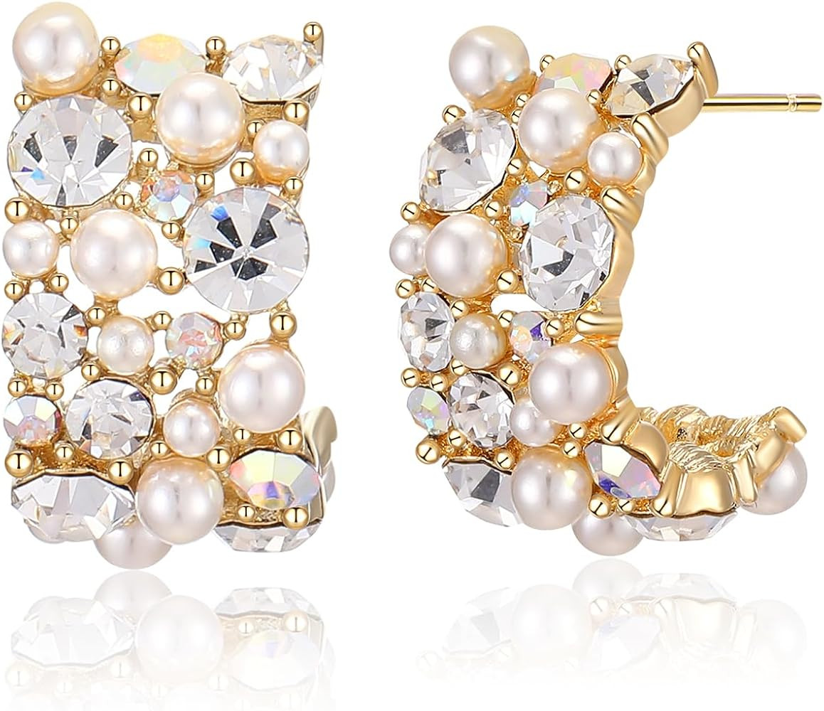 Aprilery Pearl Hoop Earrings for Women, Trendy 14K Gold Plated Round Pearl Cuff Hoop Earrings Hyp... | Amazon (US)