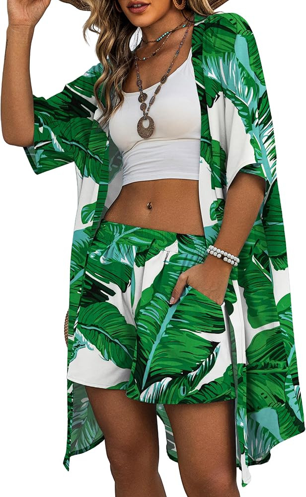 REDHOTYPE Womens Vacation Outfits Hawaiian Style 2 Piece Sets Long Cover Ups Half Sleeve Shorts S... | Amazon (US)