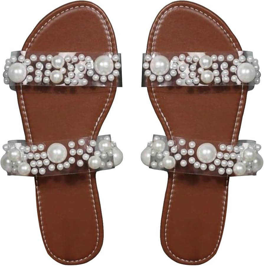 GORGLITTER Women's Clear Flat Sandal Pearl Open Toe Slide Sandals | Amazon (US)