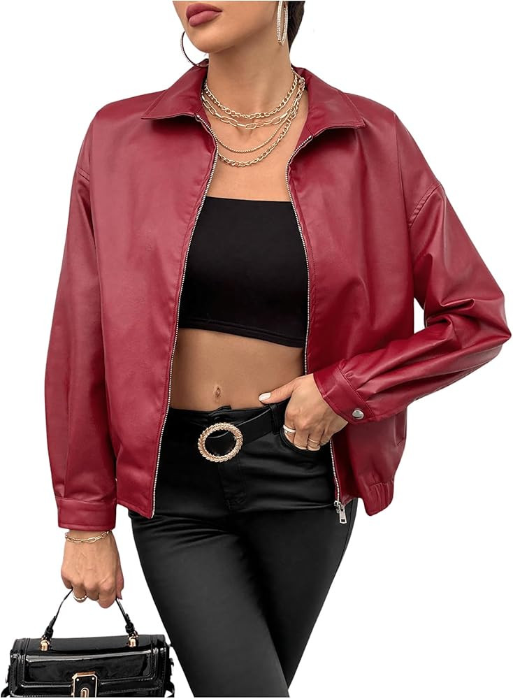 MakeMeChic Women's Faux Leather Shacket Long Sleeve Zip Up Motorcycle Jacket Biker Coat | Amazon (US)