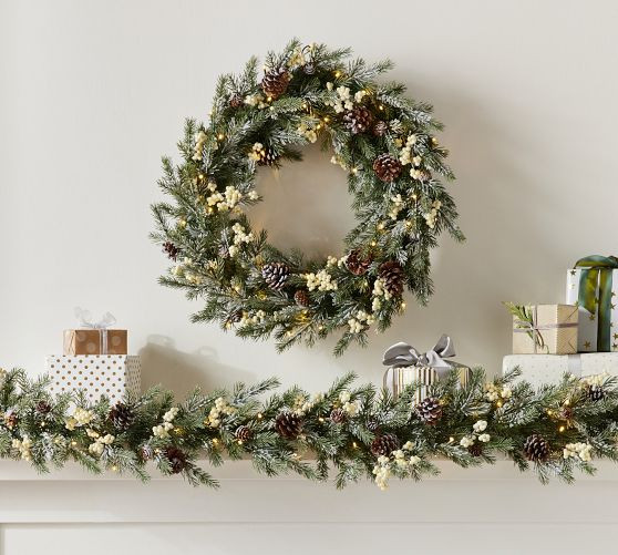 Pre-Lit Faux Frozen Pine And White Berry Wreath & Garland | Pottery Barn (US)
