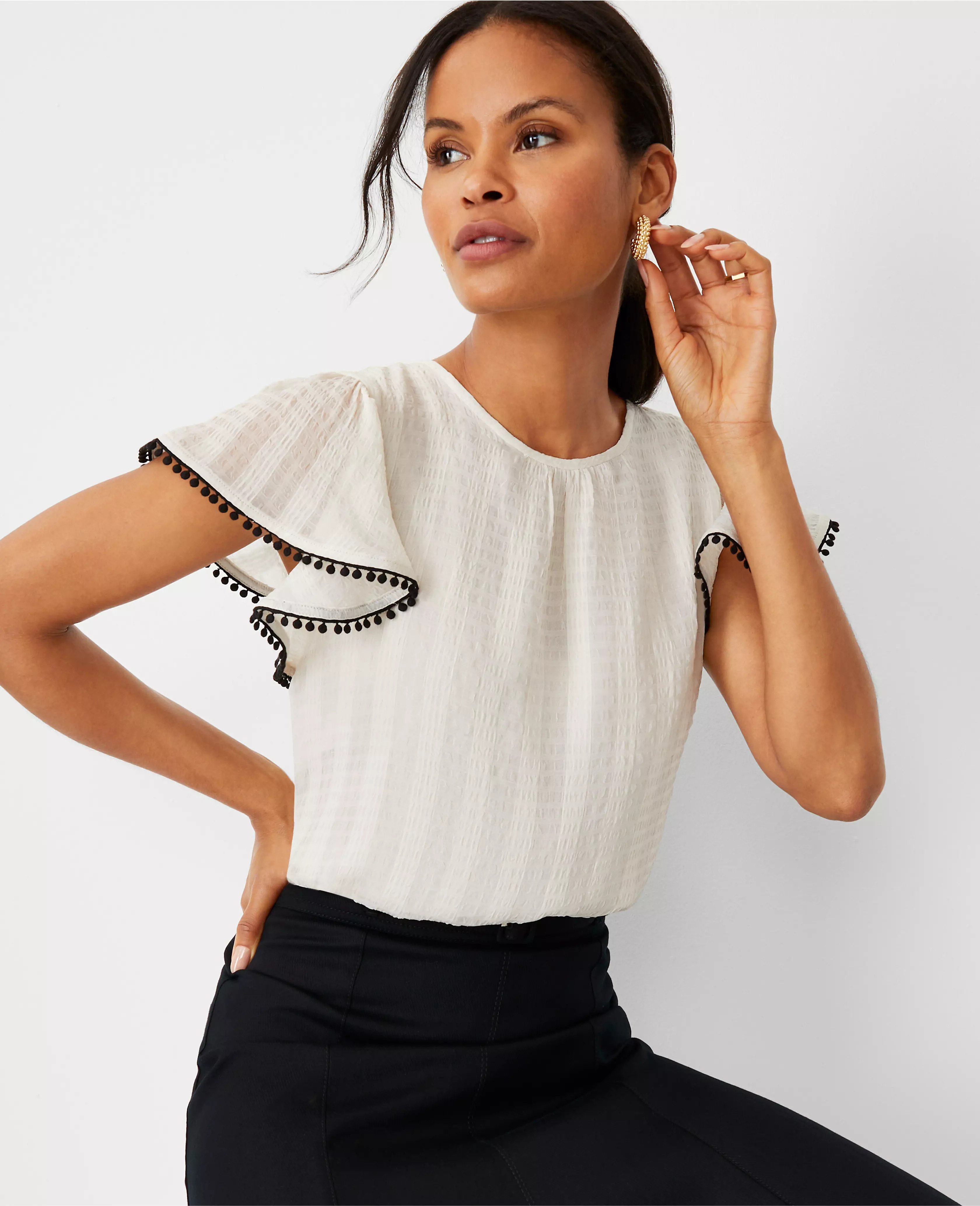 Petite Bobble Flounce Sleeve Top | Ann Taylor (US)