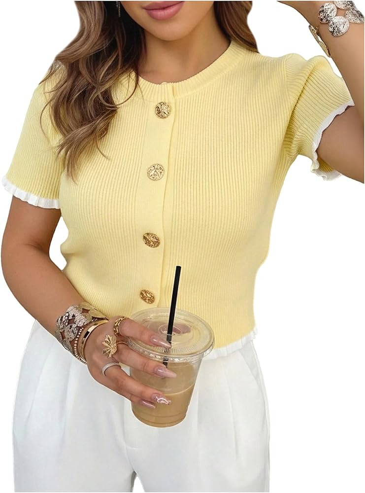 WDIRARA Women's Button Up Cardigan Sweaters Crew Neck Short Sleeve Knit Tops | Amazon (US)