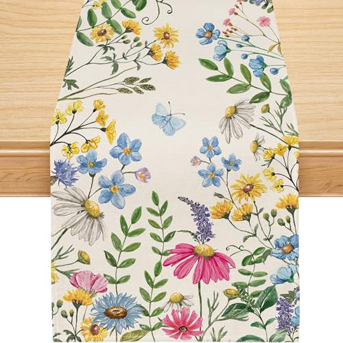 Spring Table Runner, Colorful Wildflowers Floral Butterfly Spring Runner for Table Watercolor Table Decoration Seasonal Summer Farmhouse Home Party Kitchen Dining Table Decor 13x48 Inch | Amazon (US)