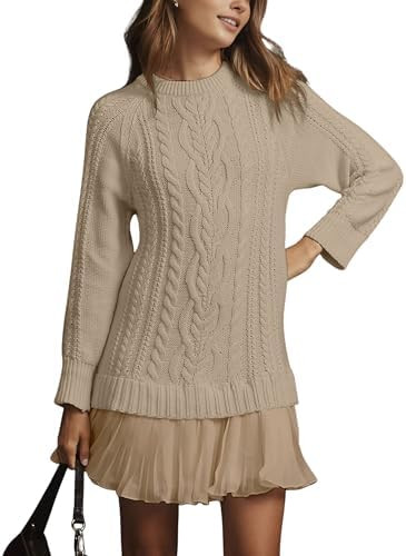 Women Cable Knit Sweater Dress Crewneck Long Sleeve Pleated Mini Dress Twofer Style Patchwork Dre... | Amazon (US)